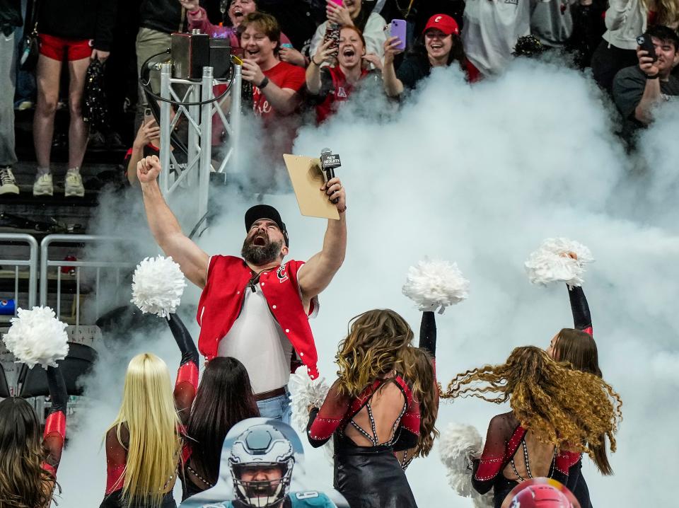 Recently retired NFL player Jason Kelce enters Fifth Third Arena at his alma mater, University of Cincinnati for a live version of the his podcast "New Heights" with his brother, Travis Kelce Thursday, April 8, 2024.