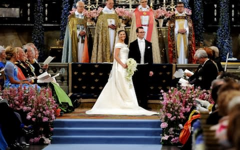 Crown Princess Victoria of Sweden wore a bespoke Par Engsheden wedding dress