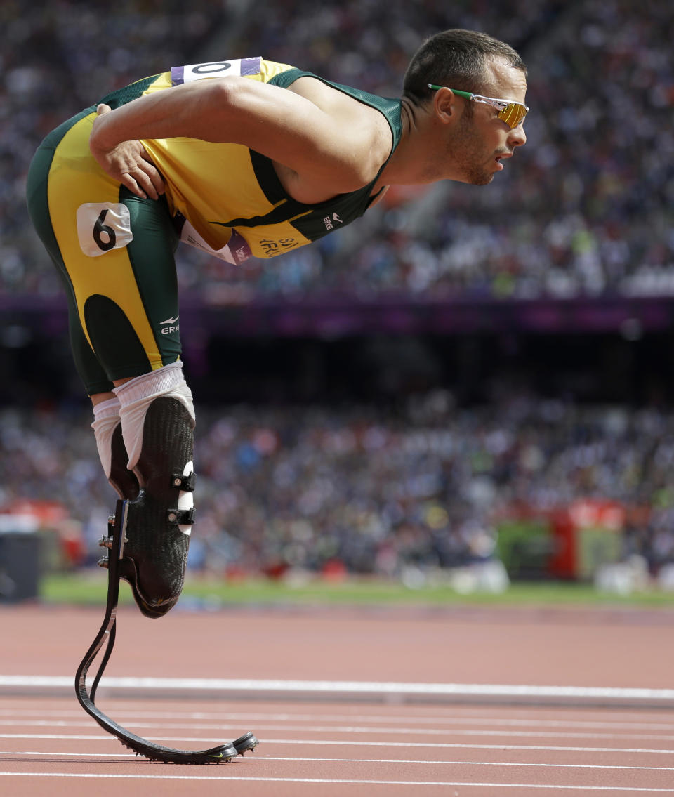 FILE - In this Saturday, Aug. 4, 2012 file photo South Africa's Oscar Pistorius prepares to compete in a men's 400-meter heat during the athletics in the Olympic Stadium at the 2012 Summer Olympics, London. Ahead of Pistorius' murder trial, starting Monday, March 3, 2014, legal experts say Pistorius would still be vulnerable to a homIcide conviction even if he is acquitted of murdering his girlfriend Reeva Steenkamp. South Africa's (AP Photo/Anja Niedringhaus-File)