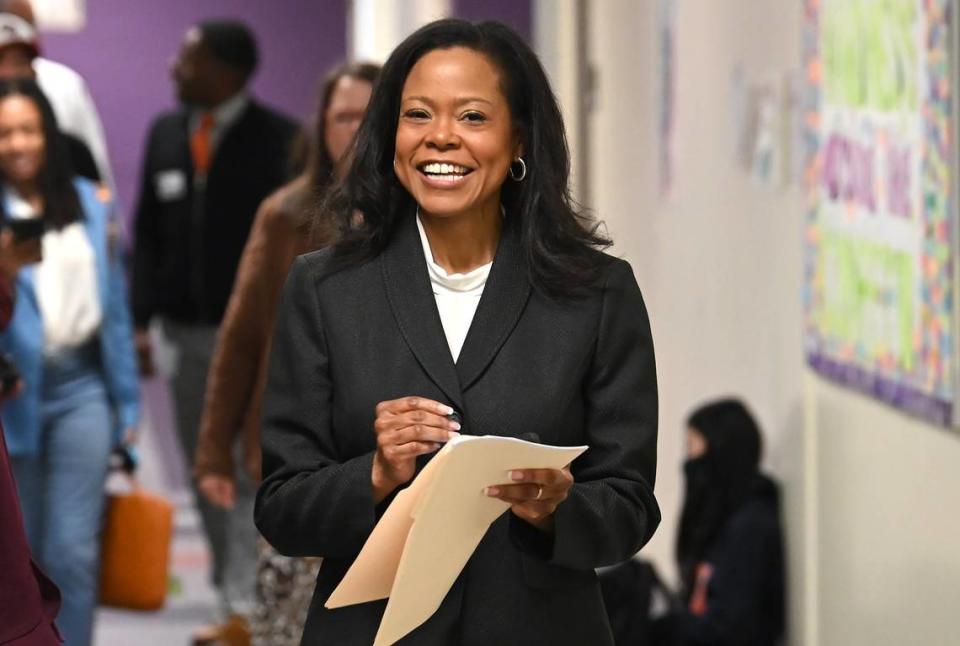 Dr. Crystal Hill, the interim superintendent of Charlotte-Mecklenburg Schools walks to a classroom at Ardrey Kell High School in Charlotte, NC on Friday, January 13, 2023.