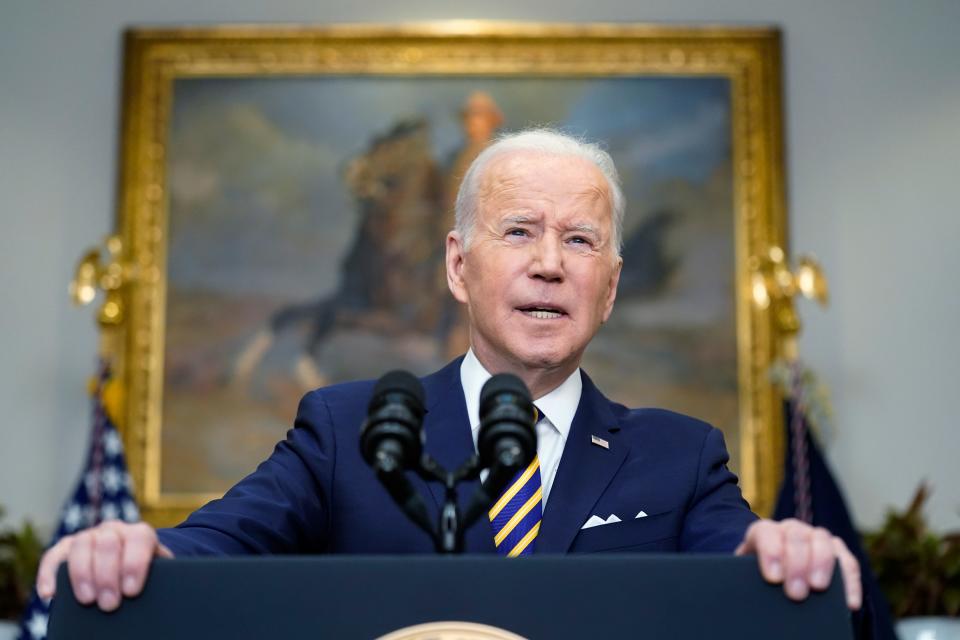 President Joe Biden announces a ban on Russian oil imports, toughening the toll on Russia's economy in retaliation for its invasion of Ukraine, Tuesday, March 8, 2022, in the Roosevelt Room at the White House in Washington. (AP Photo/Andrew Harnik)