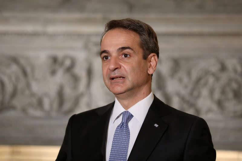 Greek Prime Minister Kyriakos Mitsotakis speaks during a joint news conference with Egyptian President Abdel Fattah al-Sisi at Maximos Mansion in Athens