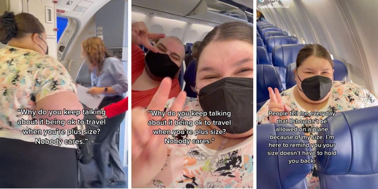 A plus-sized TikToker standing on a plane alongside an image of them seated on a plane.