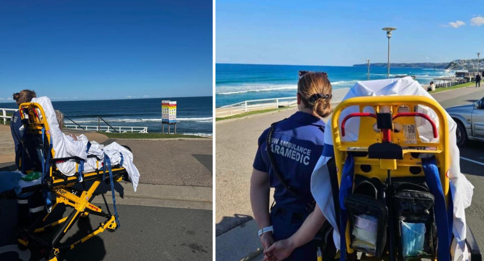 NSW Ambulance worker Brittaney Banks delivers the patients dying wish and stands looking out at the beach while Shirley is seated. 
