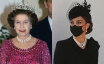 <p>One of Queen Elizabeth II’s most iconic necklaces is the Four-Row Japanese Pearl Choker, which she commissioned in the 1970s and to be done with the “finest cultured pearls presented to her by the Japanese government,” and the first time she wore it in public was in 1982, per the <a href="https://queensjewelvault.blogspot.com/2014/02/the-four-row-japanese-pearl-choker.html" rel="nofollow noopener" target="_blank" data-ylk="slk:Queen’s Jewel Vault;elm:context_link;itc:0" class="link ">Queen’s Jewel Vault</a>. It is said to be valued at around $29,000.</p> <p>Kate Middleton has worn this necklace on multiple occasions, with the most recent time being at Elizabeth’s State Funeral.</p>