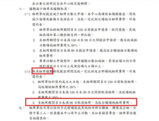 若在租用期間首日未滿90日取消租用，沒收全額場地租用費用。（圖／翻攝北流官網）