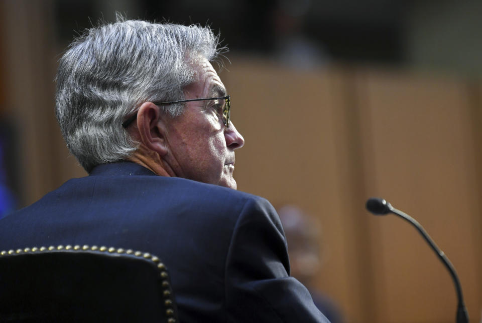 Federal Reserve Chairman Jerome Powell appears before a Senate Banking, Housing and Urban Affairs Committee hearing on the CARES Act on Capitol Hill, Tuesday, Sept. 28, 2021 in Washington. (Matt McClain/The Washington Post via AP, Pool)