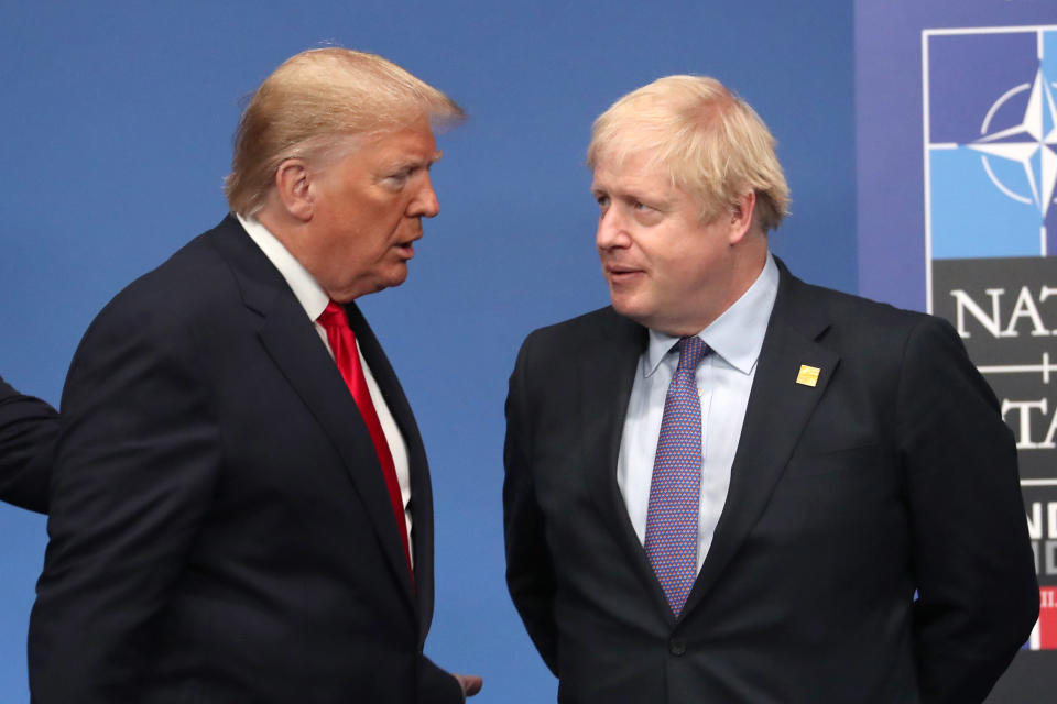 US President Donald Trump and Prime Minister Boris Johnson during the annual Nato heads of government summit, December 4, 2019. Photo: Steve Parsons/PA Wire/Getty