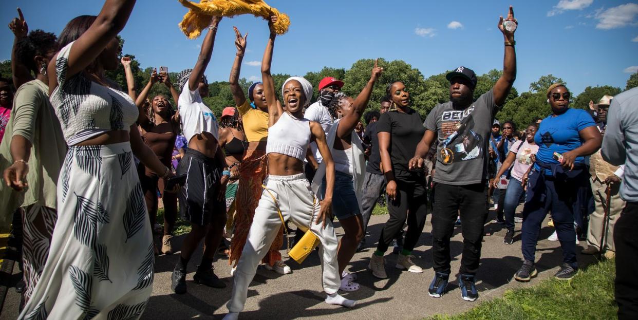 people take part in a celebration of juneteenth in prospect park in brooklyn ny