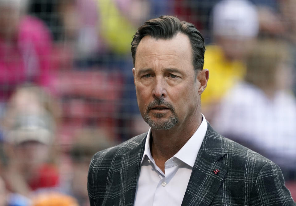 FILE - Former Boston Red Sox player Tim Wakefield looks on before the start of a baseball game between the Red Sox and Oakland Athletics at Fenway Park, Wednesday, June 15, 2022, in Boston. The Boston Red Sox say announcer and former knuckleballer Tim Wakefield is undergoing treatment for a disease they did not specify and asked for fans to respect his privacy after his illness was outed without his consent by ex-teammate Curt Schilling. The team issued a statement on Thursday, Sept. 28, 2023, after Schilling said on a podcast that Wakefield had brain cancer. The news led to an outpouring of support for Wakefield – and criticism of Schilling. Wakefield is 57. (AP Photo/Mary Schwalm, File)