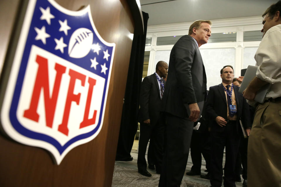 NFL Commissioner Roger Goodell listens to a reporter's question after the NFL football owners meeting in Irving, Texas, Wednesday, Dec. 14, 2016. (AP Photo/LM Otero)