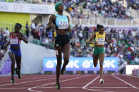 Shaunae Miller-Uibo, of Bahamas, wins the final of the women's 400-meter run at the World Athletics Championships on Friday, July 22, 2022, in Eugene, Ore. (AP Photo/Ashley Landis)