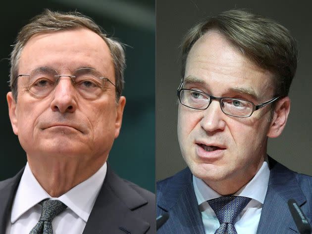 (COMBO) This combination of pictures created on September 13, 2019 shows European Central Bank President Mario Draghi (L, on May 16, 2019 in Brussels0 and the President of the Deutsche Bundesbank (German Central Bank) Jens Weidmann (on July 9, 2015 in Frankfurt am Main, western Germany). - The head of Germany's Bundesbank on Friday, September 13, 2019 hit out at ECB chief Mario Draghi for 