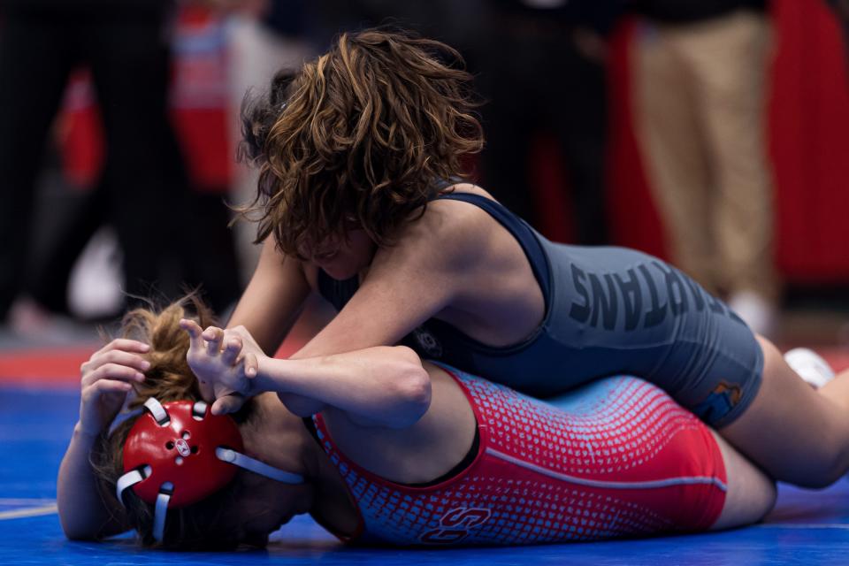 Pebble Hills' Isabella Martinez wrestles Socorro's Mia Valdez in the District 1-6A wrestling tournament on Thursday, Feb. 2, 2023, at Socorro High School.