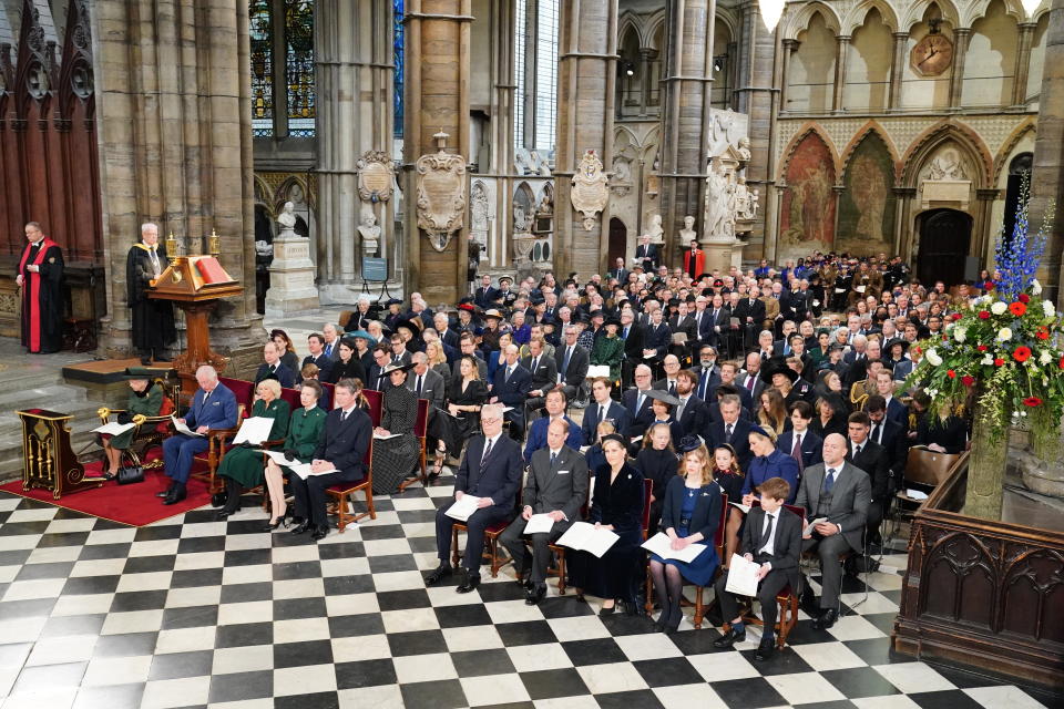 (Front row left to right) Queen Elizabeth II, the Prince of Wales and the Duchess of Cornwall, the Princess Royal, Vice Admiral Sir Tim Laurence, the Duke of York, The Earl of Wessex, the Countess of Wessex, Lady Louise Mountbatten-Windsor and Viscount Severn. (second row left to right) The Duke of Cambridge, Prince George, Princess Charlotte, the Duchess of Cambridge, Peter Phillips, Isla Phillips, Savannah Phillips, Mia Tindall, Zara Tindall and Mike Tindall during a Service of Thanksgiving for the life of the Duke of Edinburgh, at Westminster Abbey in London. Picture date: Tuesday March 29, 2022.