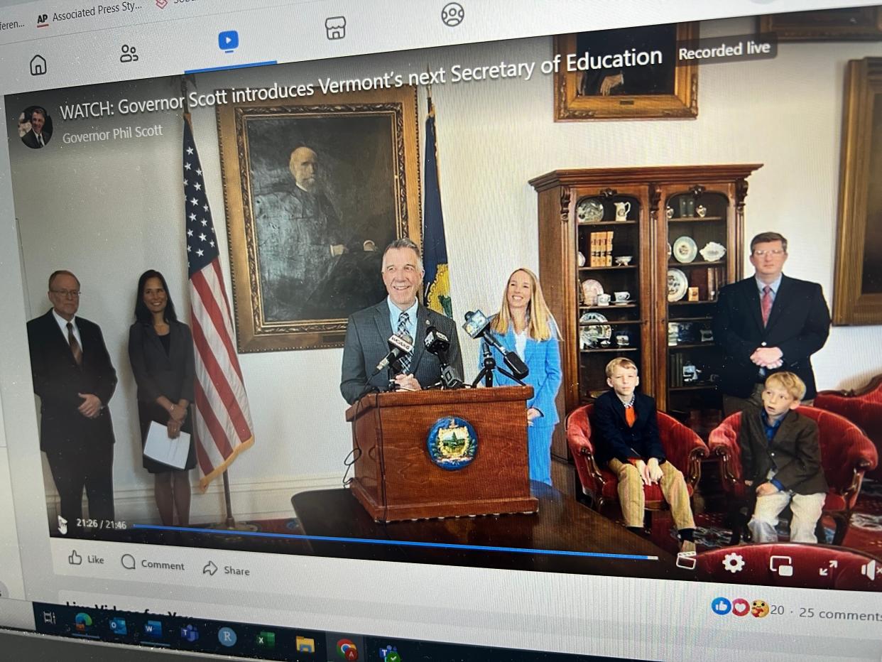 Governor Phil Scott introduces Zoie Saunders as Vermont's new Secretary of Education at a press conference on March 22, 2024. This image is a still shot from the event that was also broadcast on Facebook.