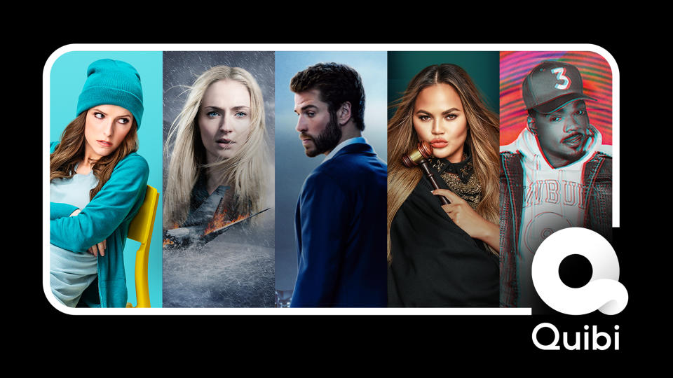 This composite released by Quibi shows a selection of images from programs offered on the new Quibi service, from left, Anna Kendrick from "Dummy," Sophie Turner, who stars in "Survive," Liam Hemsworth, who stars in "Most Dangerous Game," Chrissy Teigen in "Chrissy's Court" and Chance the Rapper in "Punk'd.". The media platform launches Monday with 175 new original shows — everything from scripted series, comedic diversions, deep dramas and celebrity fluff. (Quibi via AP)