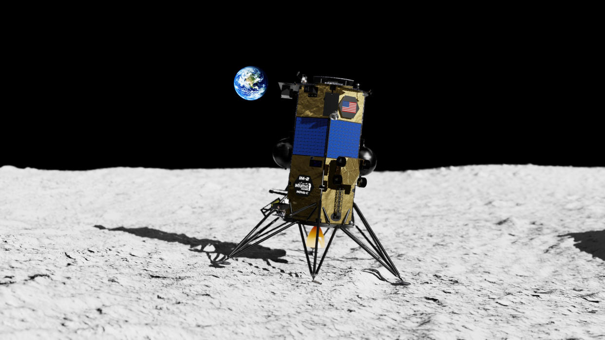  cube-shaped lander on the moon on top of bright terrain, with a shadow to the left. earth is in the background 