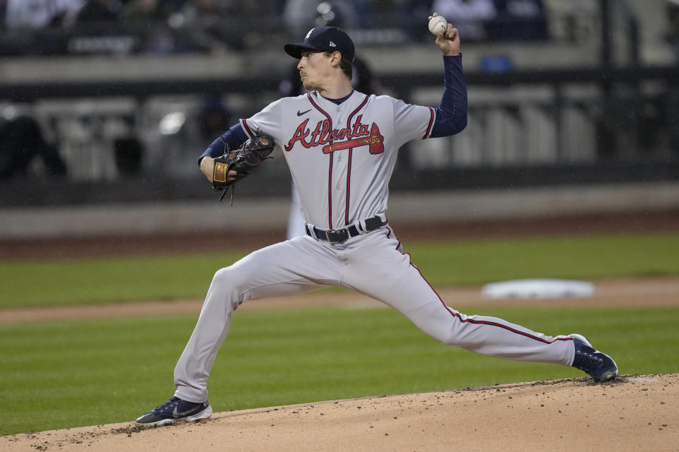 Atlanta Braves starting pitcher Max Fried throws to a New York Mets batter during the first inning of a baseball game Friday, April 28, 2023, in New York. (AP Photo/Bryan Woolston)