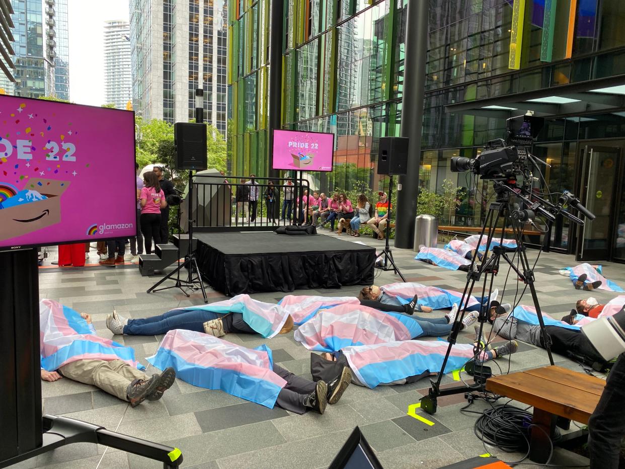 Roughly one dozen people lie on the ground outside office buildings covered in the transgender flag.
