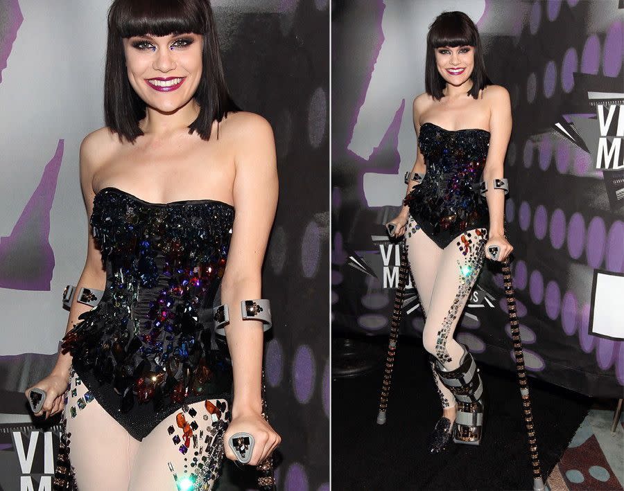 An injured ankle hardly dealt Jessie J a fashion blow back in 2011. Known for usually donning racy leotards, the British singer paired her bejeweled one-piece with equally fashionable crutches and an air cast. Jessie J underwent a bone transplant at the time to repair her broken foot.