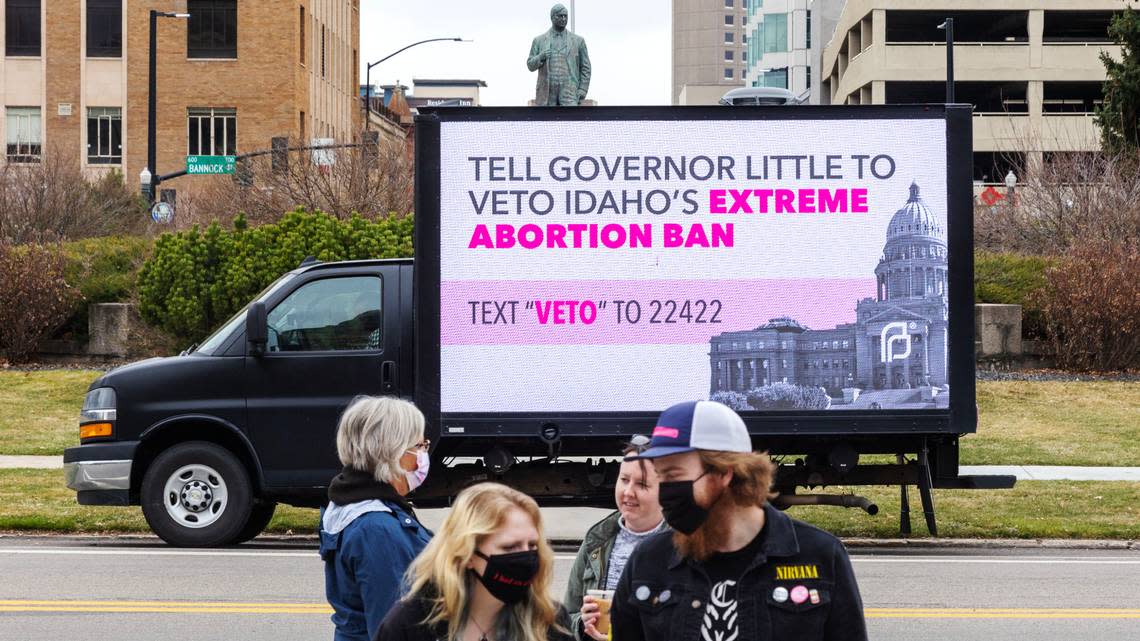 A mobile billboard truck outside the Idaho Capitol on March, 19, 2022 during a rally against Senate Bill 1309 which would ban abortion after around 6 weeks and uses a civilian enforcement mechanism in an effort to circumvent legal challenges.