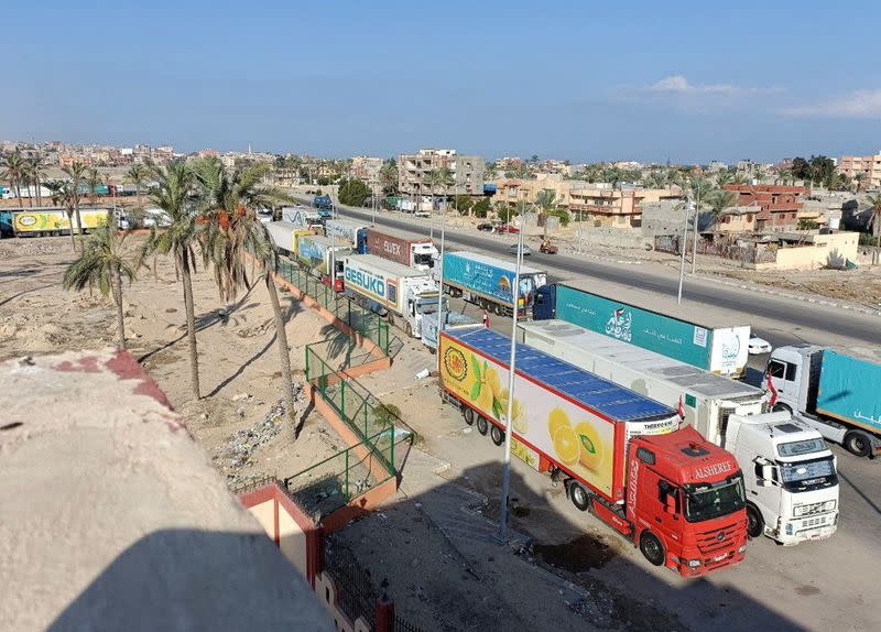 A view of trucks carrying humanitarian aid for Palestinians