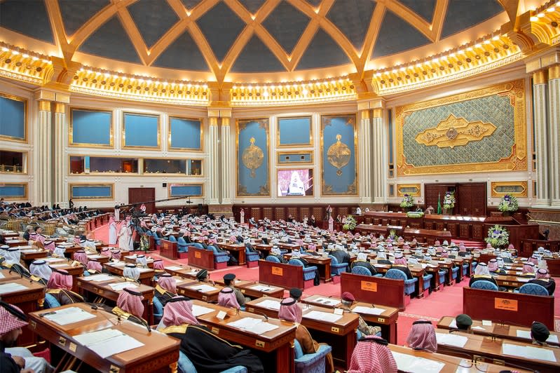 Members of Saudi Arabia's Shura Council gather to listen to a speech by Saudi Arabia's King Salman bin Abdulaziz Al Saud, in Riyadh