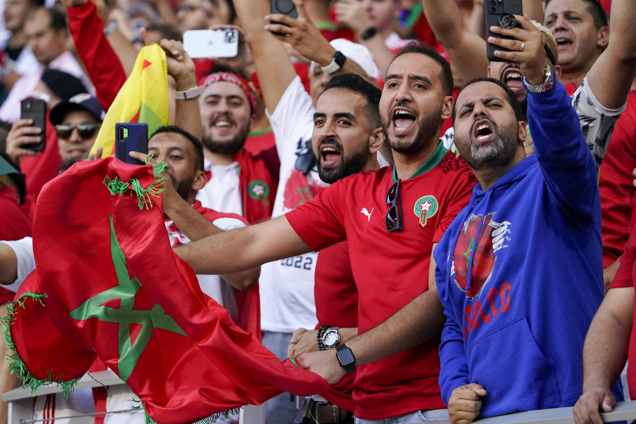 Morocco fans cheer during the team's international friendly soccer match against the United States, Wednesday, June 1, 2022, in Cincinnati. (AP Photo/Jeff Dean)