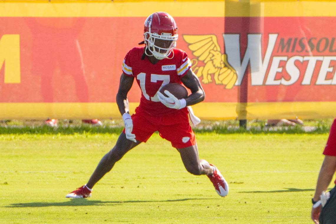 Kansas City Chiefs wide receiver Richie James (17) catches a pass during practice at Chiefs training camp on Wednesday, July 26, 2023, in St. Joseph, Mo. Emily Curiel/ecuriel@kcstar.com
