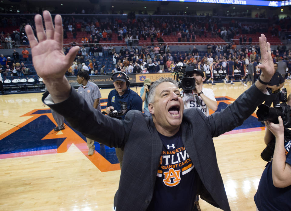 Bruce Pearl celebrates after Auburn defeated LSU 95-70 on Jan. 27, 2018, in Auburn, Alabama. (AP)