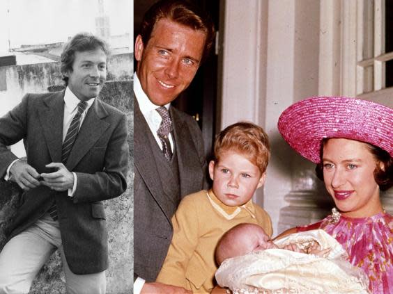 Roddy Llewellyn in Tangier, Morocco, 14 May 1978, and Antony Armstrong-Jones, David Armstrong-Jones and Princes Margaret holding Lady Sarah Armstrong-Jones, 1964 (Getty Images)