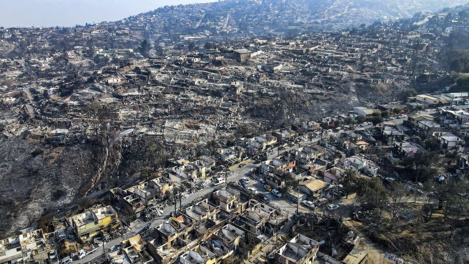 A view of neighborhoods burned during forest fires in Viña del Mar, Chile, on February 5, 2024. Areas around Vińa del Mar were among the hardest-hit by the country's deadly wildfires. - Esteban Felix/AP