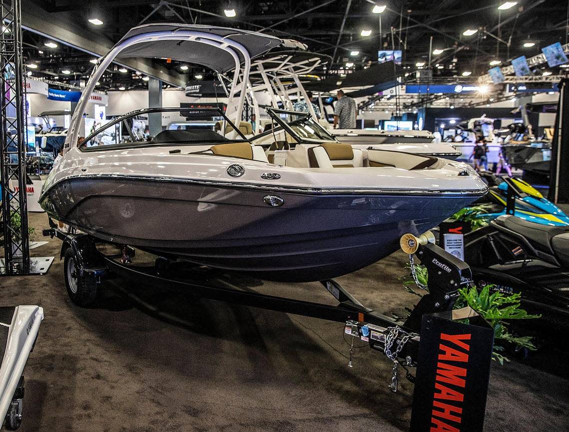 The Yamaha 195S boat with a starting price of $47,499 is on display at Miami Beach Convention Center, during the 2023 Miami International Boat Show, on Feb. 17, 2023.