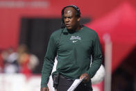 Michigan State head coach Mel Tucker watches during the second half of an NCAA college football game against Indiana, Saturday, Oct. 16, 2021, in Bloomington, Ind. Michigan State won 20-15. (AP Photo/Darron Cummings)