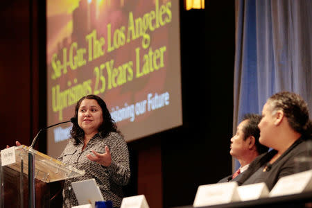 Professor Leisy Abrego (L) speaks during a panel discussion about the 1992 Los Angeles Riots, "Sa-I-Gu: The Los Angeles Uprisings 25 Years Later" at UCLA in Los Angeles, California, U.S., April 28, 2017. REUTERS/Hyungwon Kang