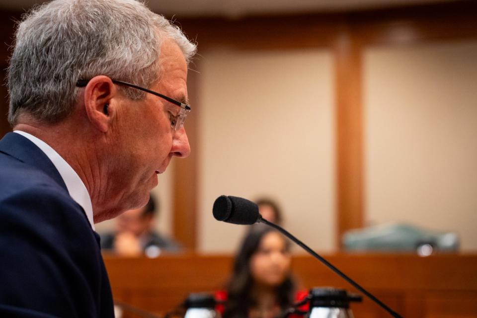 University of Texas Chancellor J.B. Milliken speaks during a Senate Education Committee meeting with agenda items regarding campus free speech, combating anti-semitism and Senate Bill 17, which bans DEI initiatives at institutions of higher education at the Texas State Capitol, Tuesday, May 14, 2024.