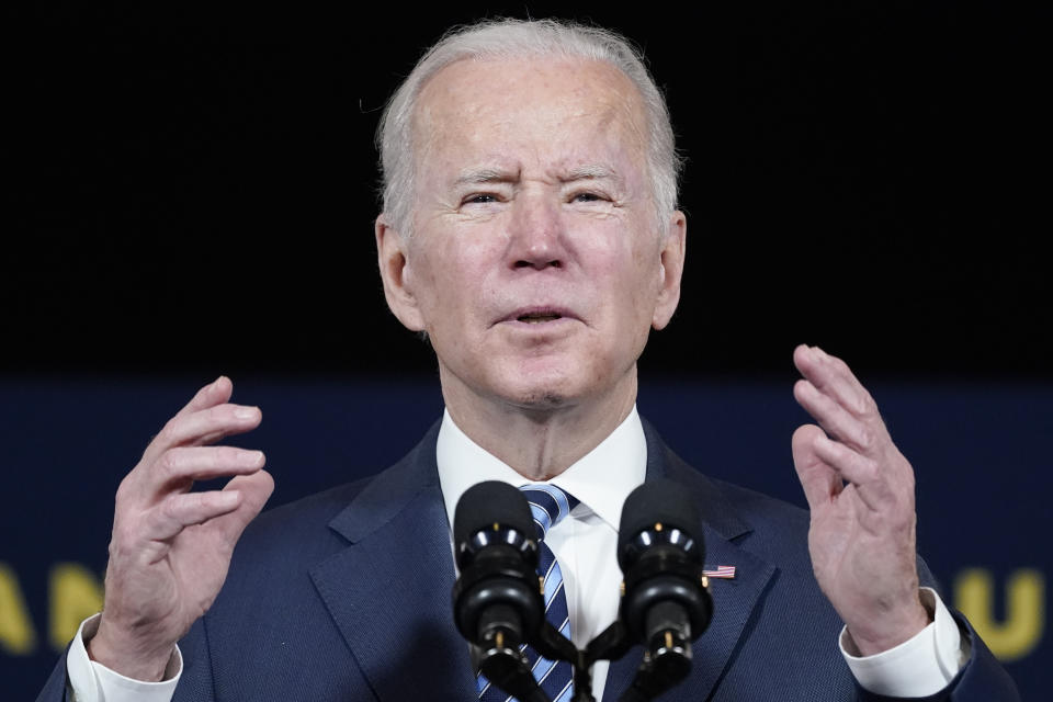 President Joe Biden speaks the about the long-delayed cleanup of Great Lakes harbors and tributaries polluted with industrial toxins at the Shipyards, Thursday, Feb. 17, 2022, in Lorain, Ohio. Cleanup will accelerate dramatically with a $1 billion boost from Biden's infrastructure plan. (AP Photo/Alex Brandon)