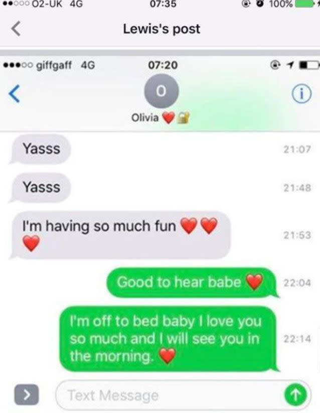 The last text sent from Olivia to her boyfriend Lewis. Source: Facebook