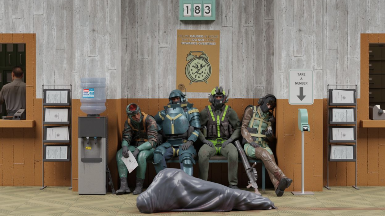  Four people sitting on a bench with a dead body in a body bag at their feet. 