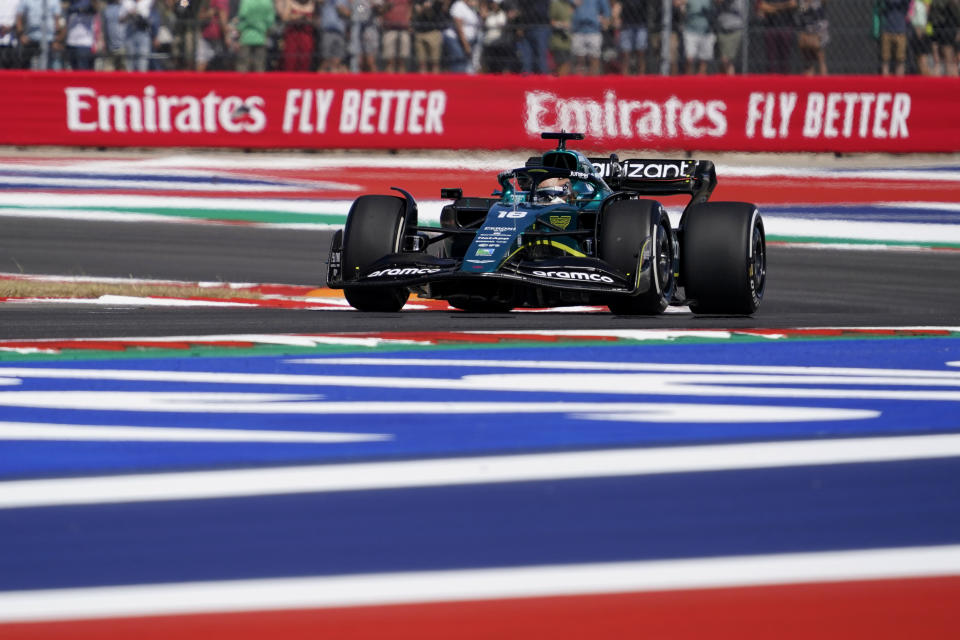 Aston Martin driver Lance Stroll, of Canada, drives during a practice session for the Formula One U.S. Grand Prix auto race at Circuit of the Americas, Friday, Oct. 21, 2022, in Austin, Texas. (AP Photo/Charlie Neibergall)