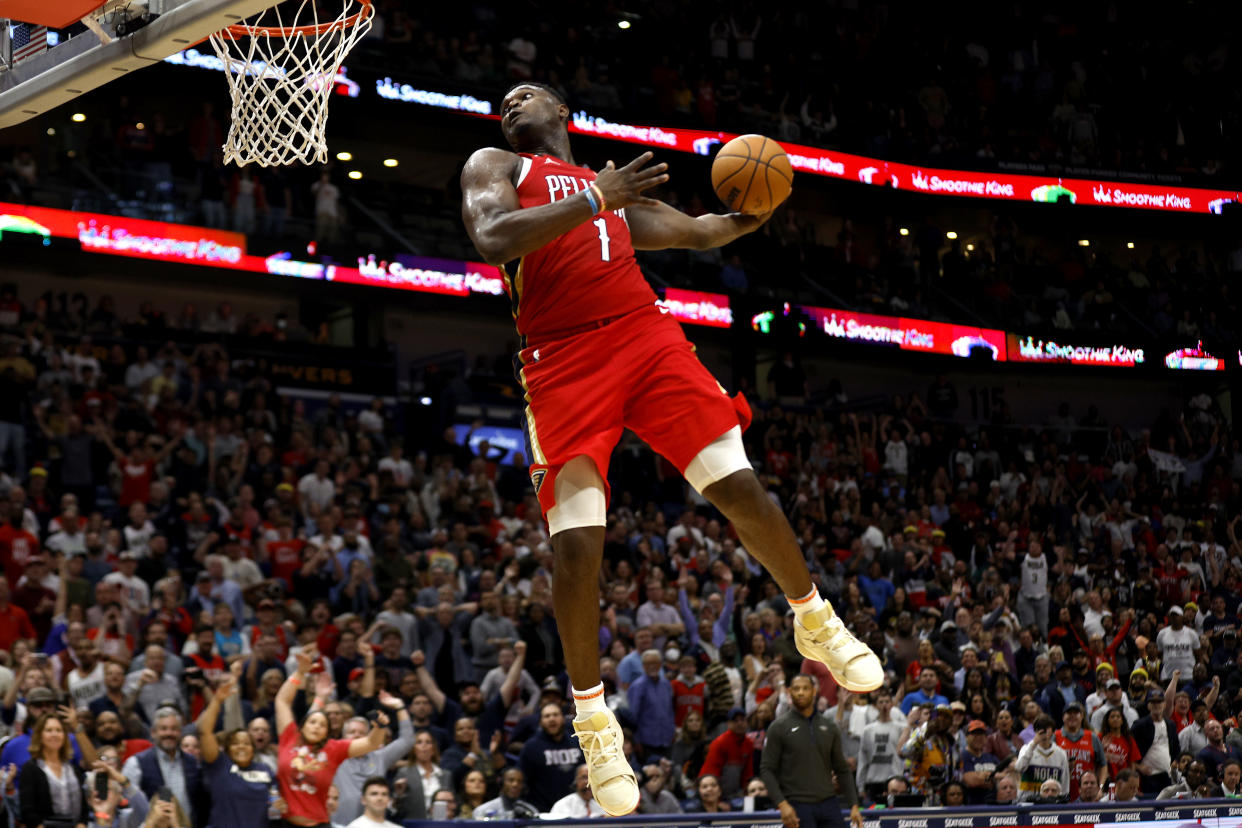 NEW ORLEANS, LOUISIANA - DECEMBER 09: Zion Williamson #1 of the New Orleans Pelicans dunks the ball during the fourth quarter of an NBA game against the Phoenix Suns at Smoothie King Center on December 09, 2022 in New Orleans, Louisiana. NOTE TO USER: User expressly acknowledges and agrees that, by downloading and or using this photograph, User is consenting to the terms and conditions of the Getty Images License Agreement. (Photo by Sean Gardner/Getty Images)