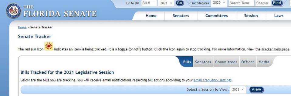 The Florida Senate webpage lets you track bills once you set up an account. A red sun icon on the page can be toggled on and off to track a bill.