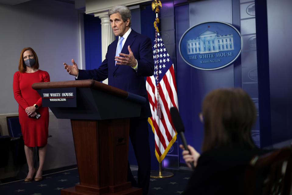 Kerry addressing the White House press corps<span class="copyright">Alex Wong—Getty Images</span>