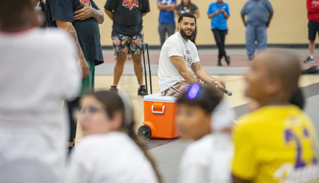 Fred VanVleet answers questions during day one of his basketball camp on Saturday, June 25, 2022, at Auburn High School in Rockford.