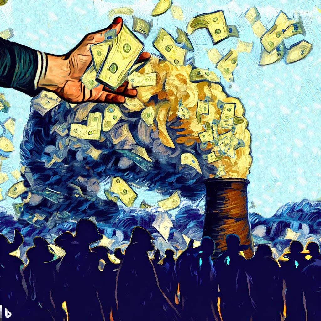 illustration of a large hand grabbing cash flowing out of a smokestack above a crowd of dark human silhouettes