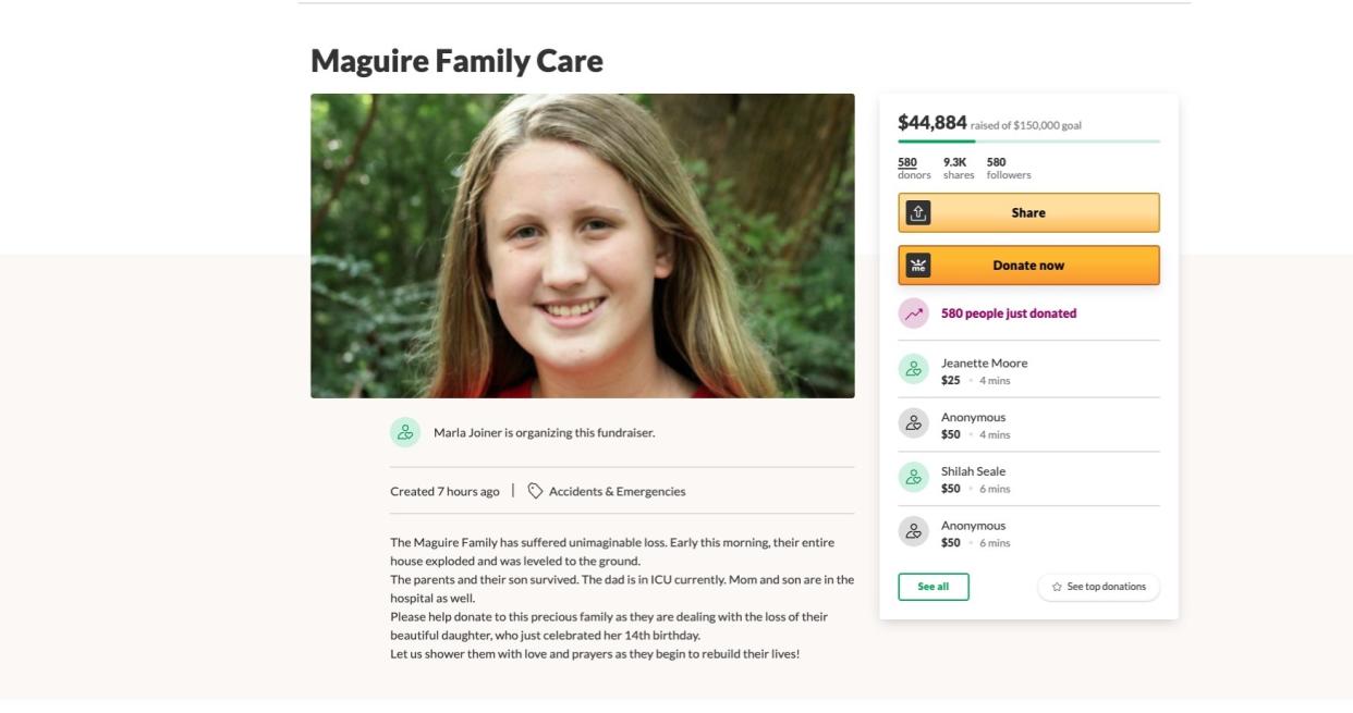 A teenage girl was killed and her family left injured after a huge explosion that could be heard 30 miles away levelled their home. (GoFundMe)