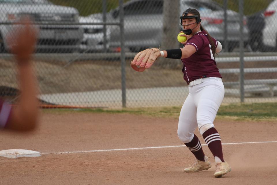 University Prep’s Paityn Zimmerman throws to first base during the fourth inning against Apple Valley on Wednesday, March 6, 2024. Apple Valley defeated University Prep 12-7.