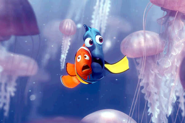 Marlin and Dory are are terrified and surrounded by jellyfish.