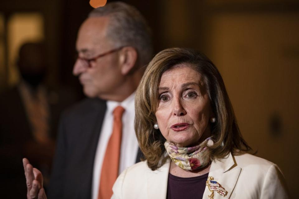 WASHINGTON, DC - AUGUST 06:  U.S. House Speaker Nancy Pelosi (D-CA) (R) speaks to reporters alongside Senate Minority Leader Chuck Schumer (D-NY) (L) following continued negotiations with Treasury Secretary Steven Mnuchin and White House Chief of Staff Mark Meadows on a new economic relief bill in response to the coronavirus pandemic on Capitol Hill on August 6, 2020 in Washington, DC. The White House and Congressional Democrats have yet to come to an agreement on what the new relief bill will include despite the CARES Act expiring on July 31st. (Photo by Samuel Corum/Getty Images) ORG XMIT: 775543383 ORIG FILE ID: 1227943178